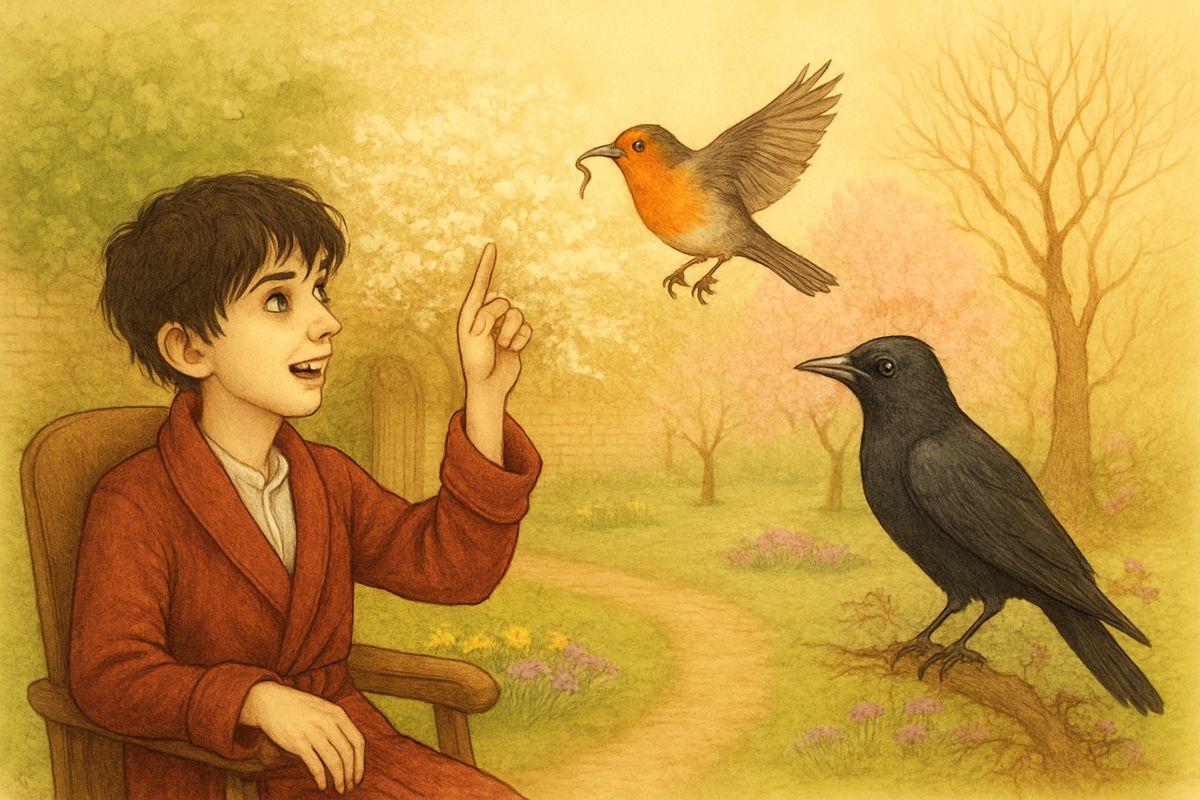 When Colin asked about the old grey tree with the broken branch, Mary and Dickon went quiet. Just in time the robin flashed by with food for his mate. "He's taking her tea to her," Colin laughed, and soon they had a tea of their own: hot crumpets on a white cloth, while Nut and Shell made off with cake and Soot gulped down half a crumpet.