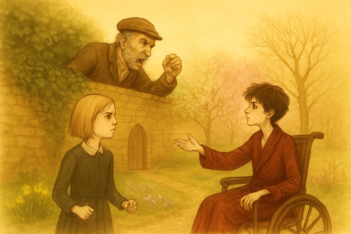 As the sun sank, Colin admitted his legs shook so that he was afraid to stand. Then he cried out, "Who is that man?" Old Ben Weatherstaff was glaring over the wall from his ladder, shaking his fist at Mary. Dickon wheeled Colin straight up to him, and Ben stared as if at a ghost: "Tha'rt th' poor cripple."