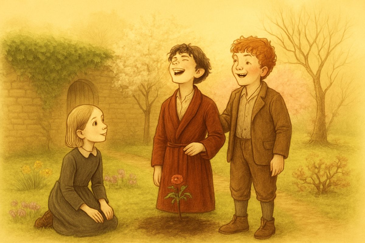 Colin picked up Mary's trowel and began to dig, and Ben fetched him a rose to plant. "I want to be standing when it goes," Colin said as the sun slipped down. With Dickon's help he rose, and as the lovely afternoon ended, he stood on his own two feet, laughing.