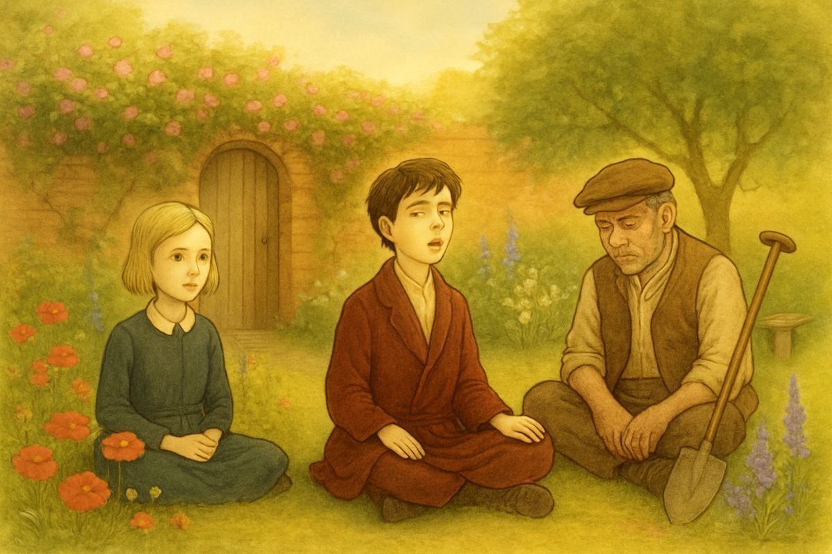 Through the wonderful summer months the garden burst into roses, poppies, delphiniums and lilies. Colin called his idea a scientific experiment. Every morning the friends sat cross-legged in a circle under the plum tree with Dickon and his creatures while Colin chanted, "The Magic is in me! The Magic is in me!" The bees hummed so sleepily that old Ben dozed off.
