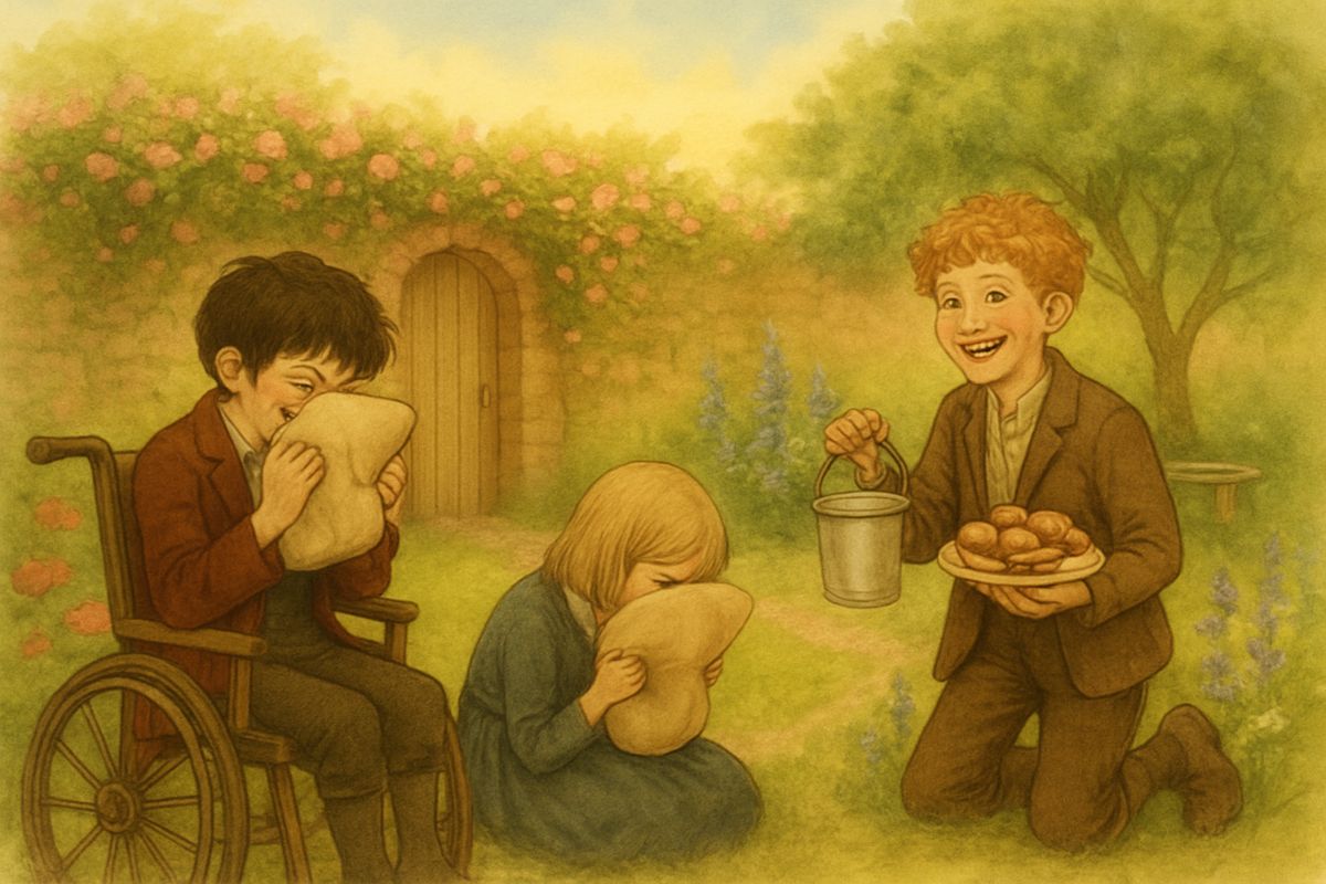 After the chant Colin walked slowly all round the garden, leaning on Dickon's arm, and grew stronger every day with the exercises Dickon had learned from Bob Haworth, the strongman. Indoors he groaned and pretended to be ill. Safe in the garden, he and Mary laughed into his cushions, then ate up Mrs. Sowerby's warm currant buns, fresh milk and potatoes roasted in Dickon's little stone oven.