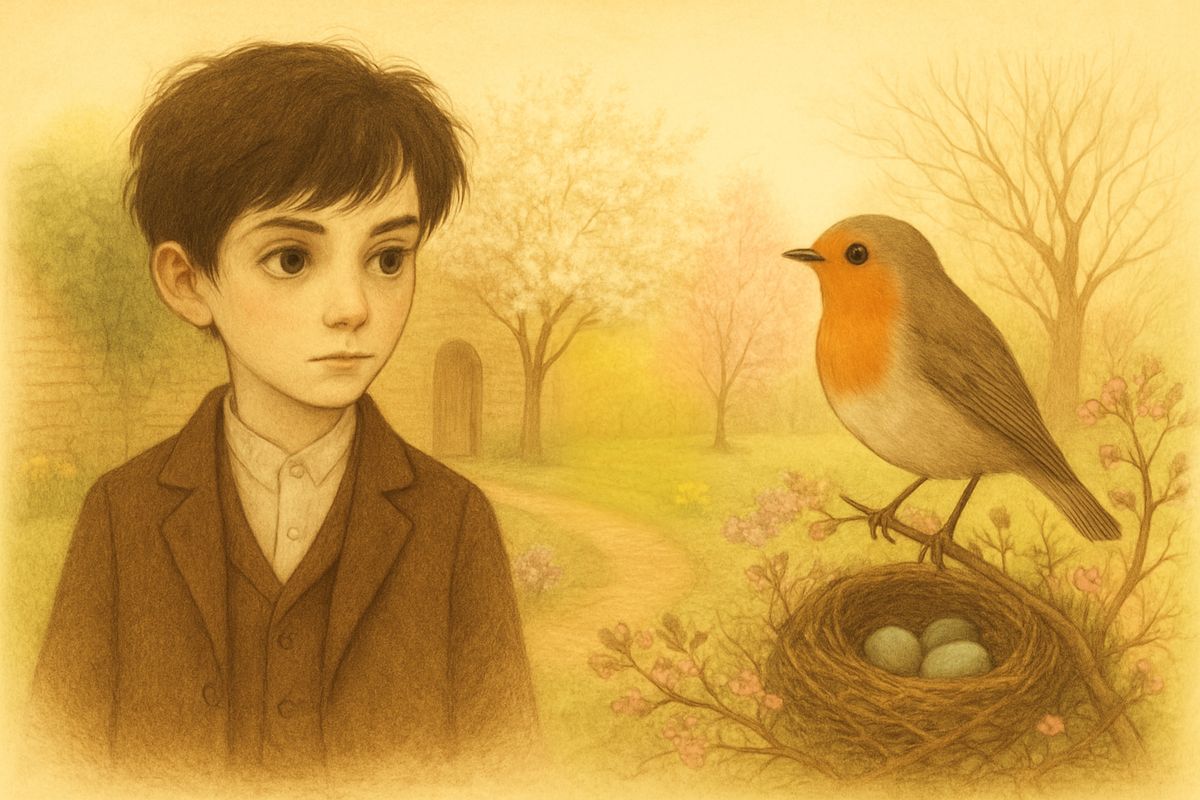 The secret garden bloomed and bloomed, and in the close-grown corner the robin's mate sat warming her Eggs. At first the robin watched Colin's slow, stop-and-start steps with alarm, until he remembered his own first short flights and decided the boy was only learning to walk, the way a fledgling learns to fly.