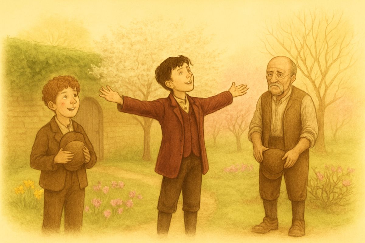 Weeding after the rain, Colin suddenly dropped his trowel, stood up tall and flung out his arms. "I'm well! I'm well!" he cried. Ben gruffly suggested the Doxology, so with caps off Dickon sang it in his strong boy's voice, and they all sang it again. By the Amen, old Ben's chin was twitching and his leathery cheeks were wet.