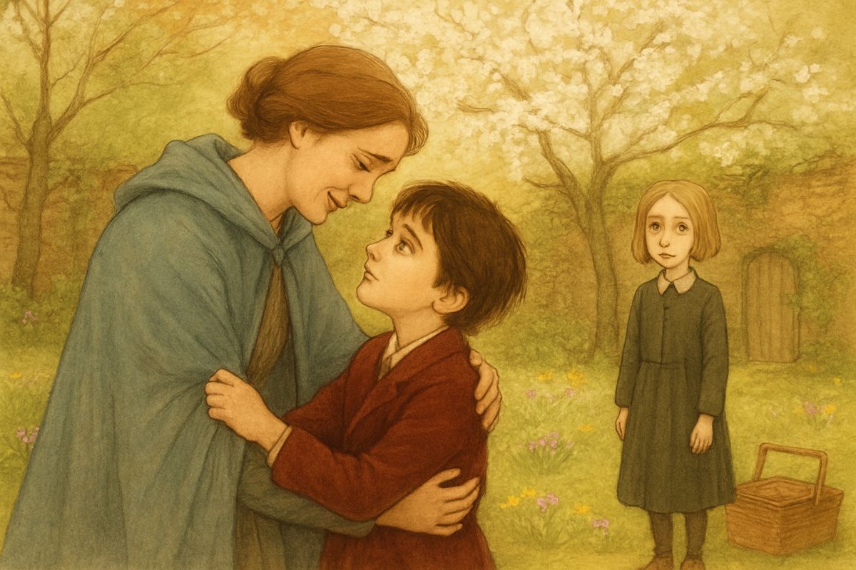Through the ivied door came Dickon's mother, Susan Sowerby, in her long blue cloak. She toured their garden, said she believed in the Magic, and shared a picnic feast with them under their tree. At parting Colin clung to her cloak and wished she were his mother too. "Thy own mother's in this 'ere very garden, I do believe," she said. "Thy father mun come back to thee!"