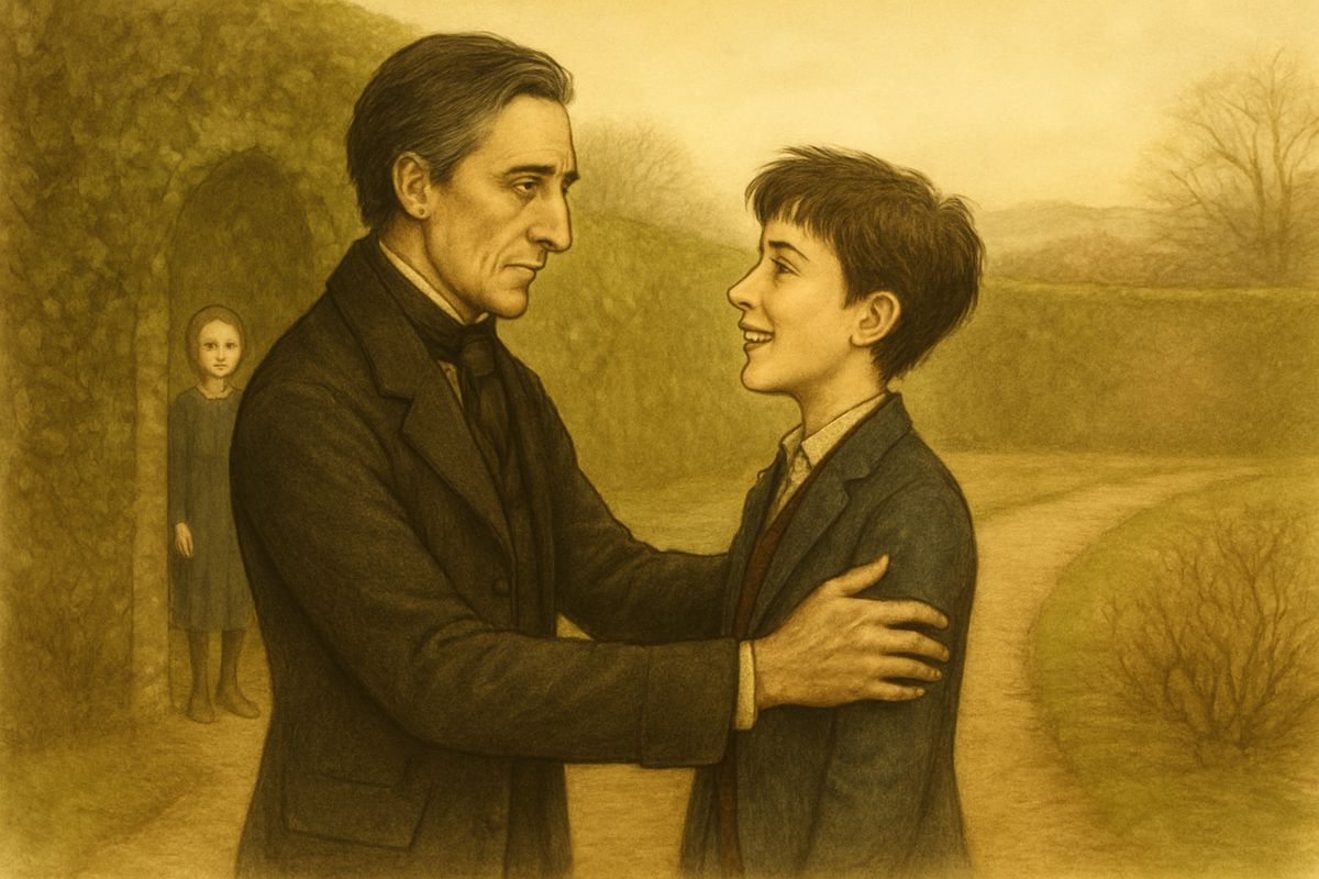 He walked down the Long Walk to the ivied door, and stopped. Inside the locked garden, feet were running and children were laughing. Suddenly the door burst open and a boy who had just won a race dashed straight into his arms: tall, handsome, glowing, with his mother's grey eyes. "Father," he said, "I'm Colin. You can't believe it. I scarcely can myself."
