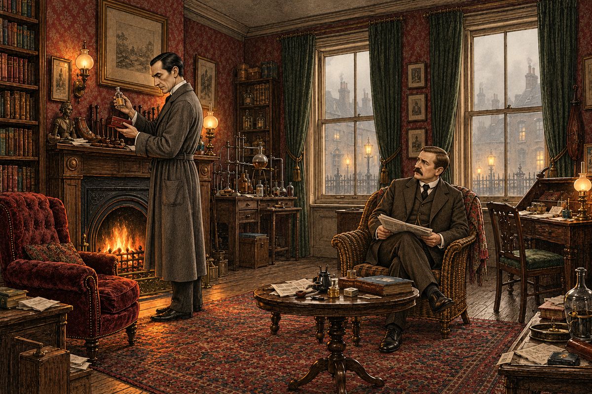 In our rooms at Baker Street, Sherlock Holmes took his bottle and his neat morocco case from the corner of the mantelpiece. Three times a day for many months I had watched this performance, and each time my conscience troubled me more, for I had never yet found the courage to protest.