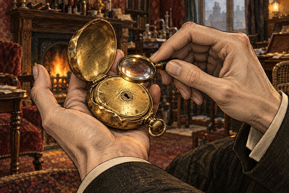 “My dear doctor, pray accept my apologies,” Holmes said kindly; he had not even known I had a brother. Then he showed me: dents and scratches from coins and keys, four pawnbrokers’ numbers pin-scratched inside the case, and a keyhole scored all round by an unsteady hand winding it at night. “Where is the mystery in all this?”