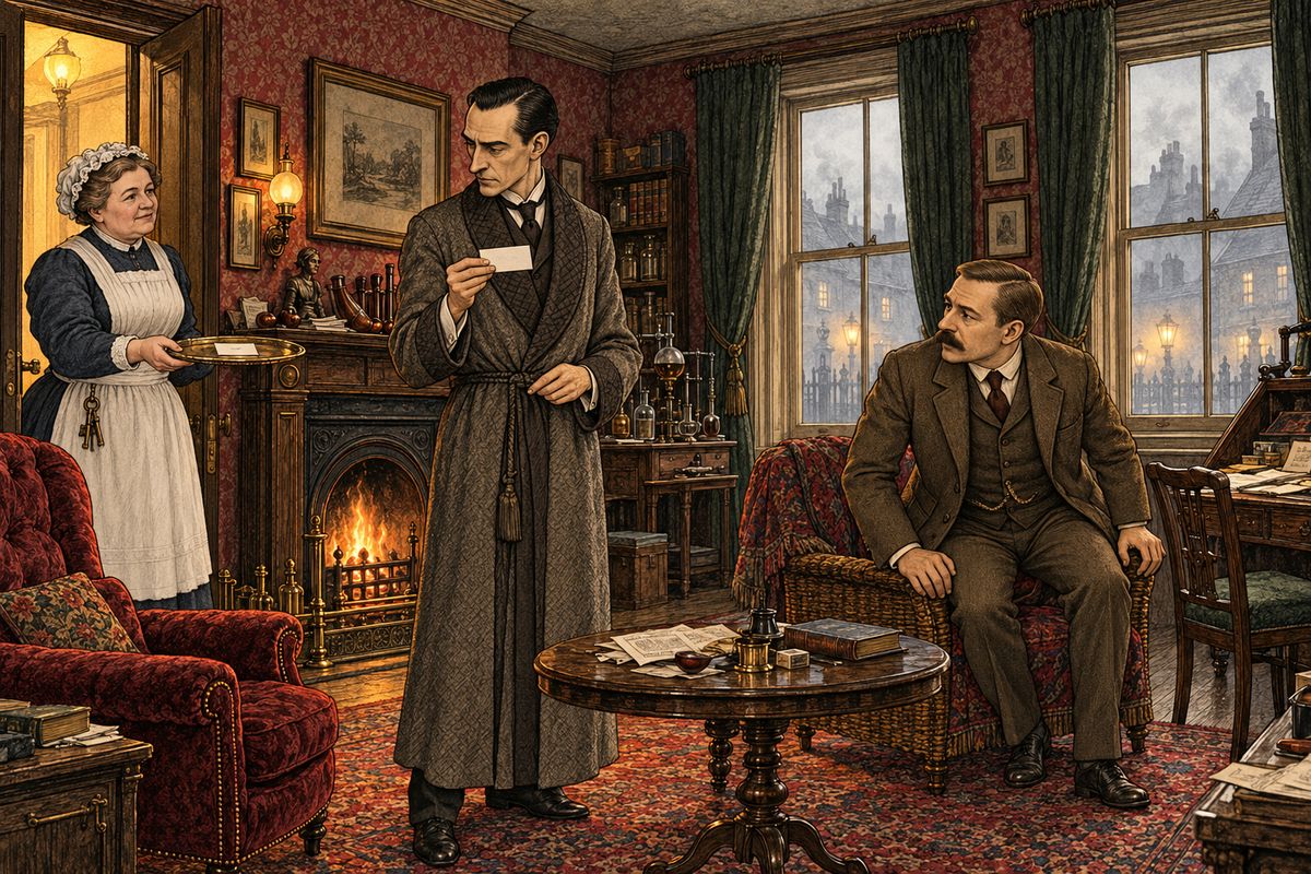 I had opened my mouth to reply when there came a crisp knock, and our landlady entered with a card on the brass salver. “A young lady for you, sir.” Holmes read it: “Miss Mary Morstan. Hum! I have no recollection of the name. Ask the young lady to step up, Mrs. Hudson. Don’t go, doctor. I should prefer that you remain.”