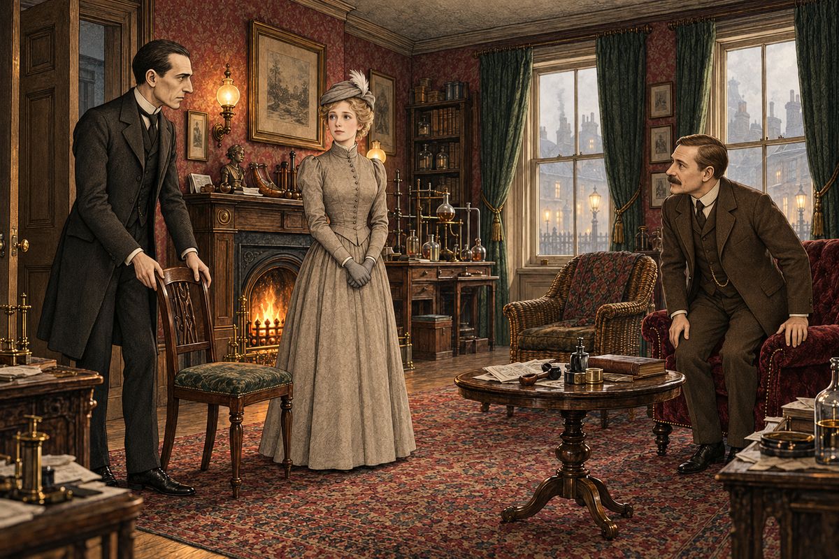 Miss Mary Morstan came into the room with a firm step. She wore a plain grey dress, and she had a sweet face and quiet manner. Her employer, Mrs. Cecil Forrester, had once been helped by Holmes. As she sat down, Watson saw that her lip trembled.