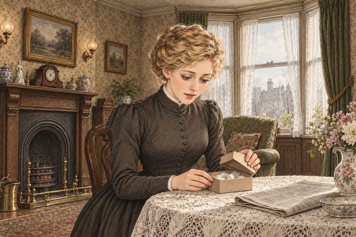 Then, on the 4th of May 1882, an advertisement in the Times asked for her address. By then Mary was a governess with Mrs. Forrester, and on her advice she answered it. That same day a small box came in the post. Inside was one large, gleaming pearl, with no note at all.