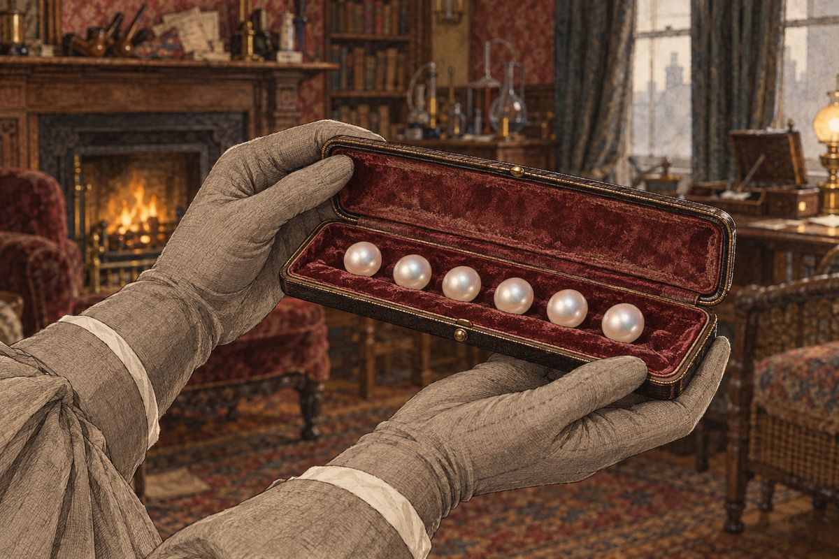 Every year on the same date another pearl arrived, never with any clue to who sent it. An expert said they were rare and very valuable. Mary opened a flat box and showed them six of the finest pearls Watson had ever seen.