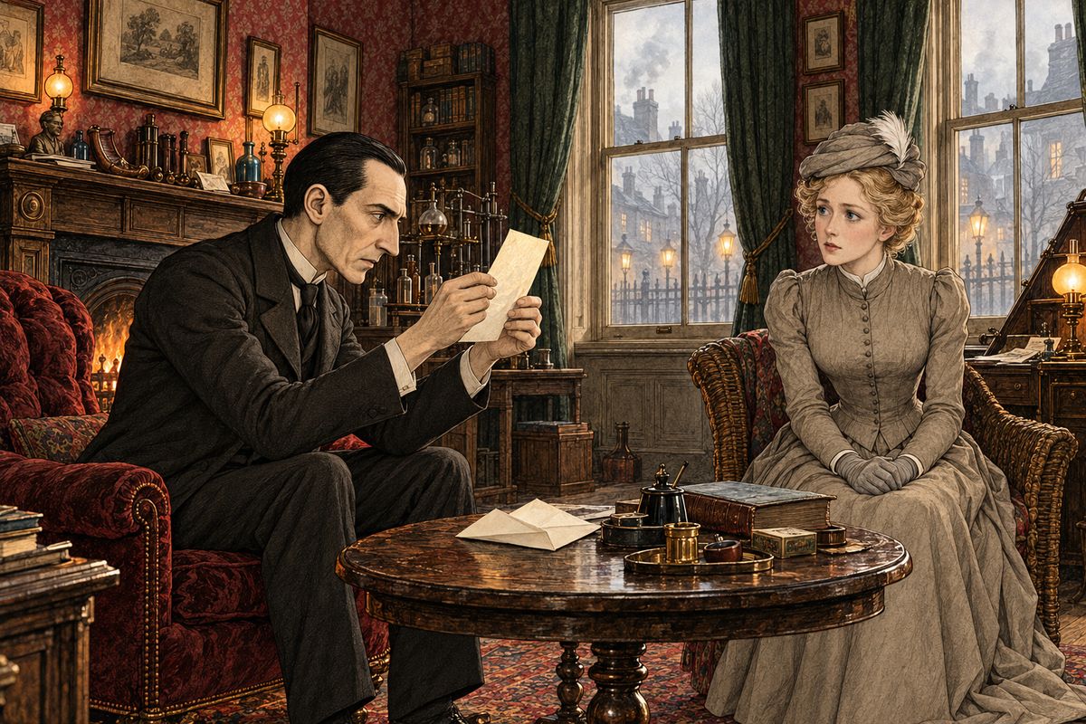 That morning a letter had come: be at the third pillar from the left outside the Lyceum Theatre at seven tonight, and bring two friends if you are distrustful. "You are a wronged woman, and shall have justice. Do not bring police," Holmes read aloud.