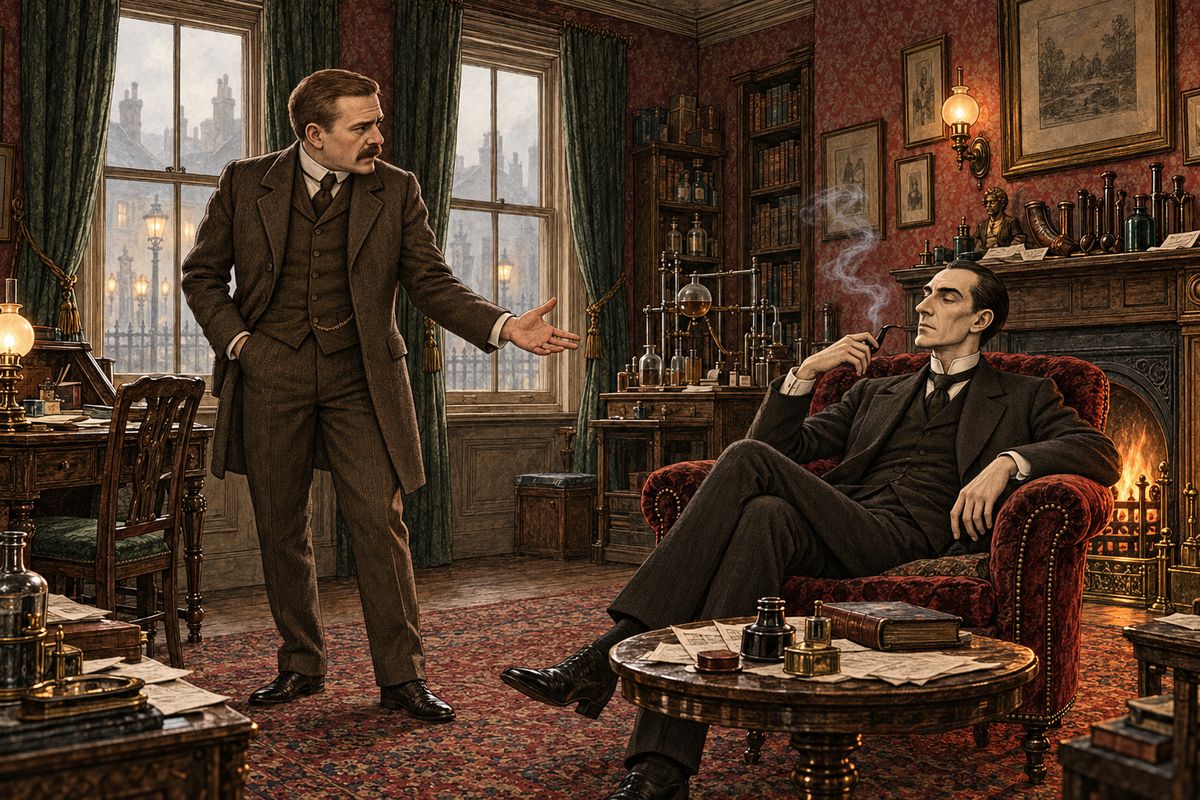 Watson watched from the window until her grey turban vanished into the crowd. "What a very attractive woman!" he said. Holmes, puffing his pipe, said he had not noticed. "You really are an automaton, a calculating machine!" cried Watson.