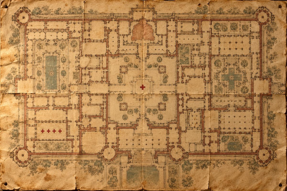 It showed a plan of part of a large building, all halls and passages. A small red cross was marked '3.37 from left.' In one corner were four crosses in a row with their arms touching, and beside them in rough writing: 'The sign of the four—Jonathan Small, Mahomet Singh, Abdullah Khan, Dost Akbar.' Holmes said the matter might be deeper than he had thought.