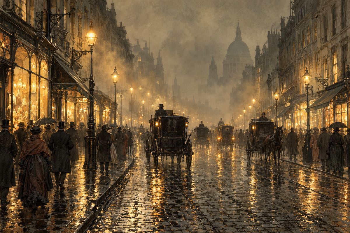 It was not yet seven, but a dense, drizzly fog lay over London. Down the Strand the lamps were only misty smudges on the slimy pavement, and an endless stream of faces passed from gloom into the yellow shop-light and back into gloom. Watson and Mary felt low and uneasy. Holmes alone stayed calm, jotting figures in his note-book.