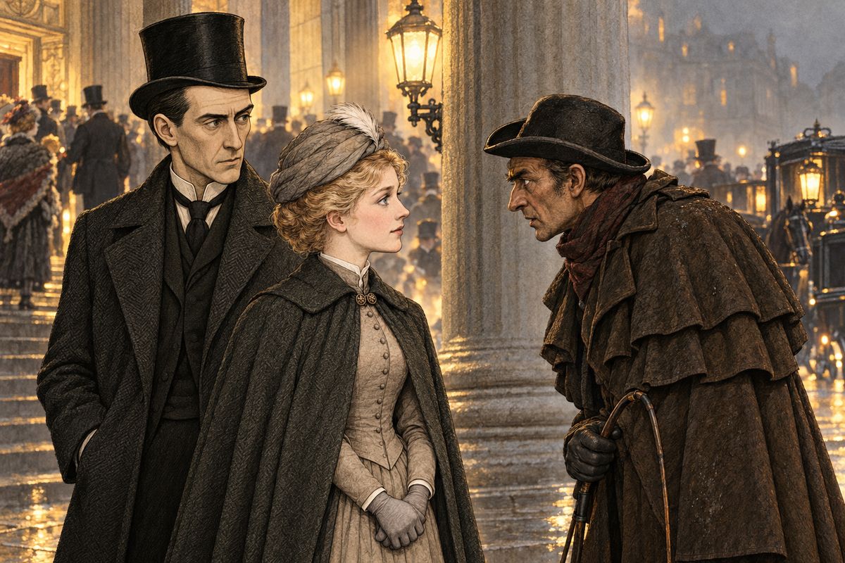 At the Lyceum Theatre, cabs were setting down men in evening dress and women in diamonds. They had hardly reached the third pillar when a small, dark coachman came up to them. "I was to ask you to give me your word," he said, "that neither of your companions is a police-officer." Mary gave it.