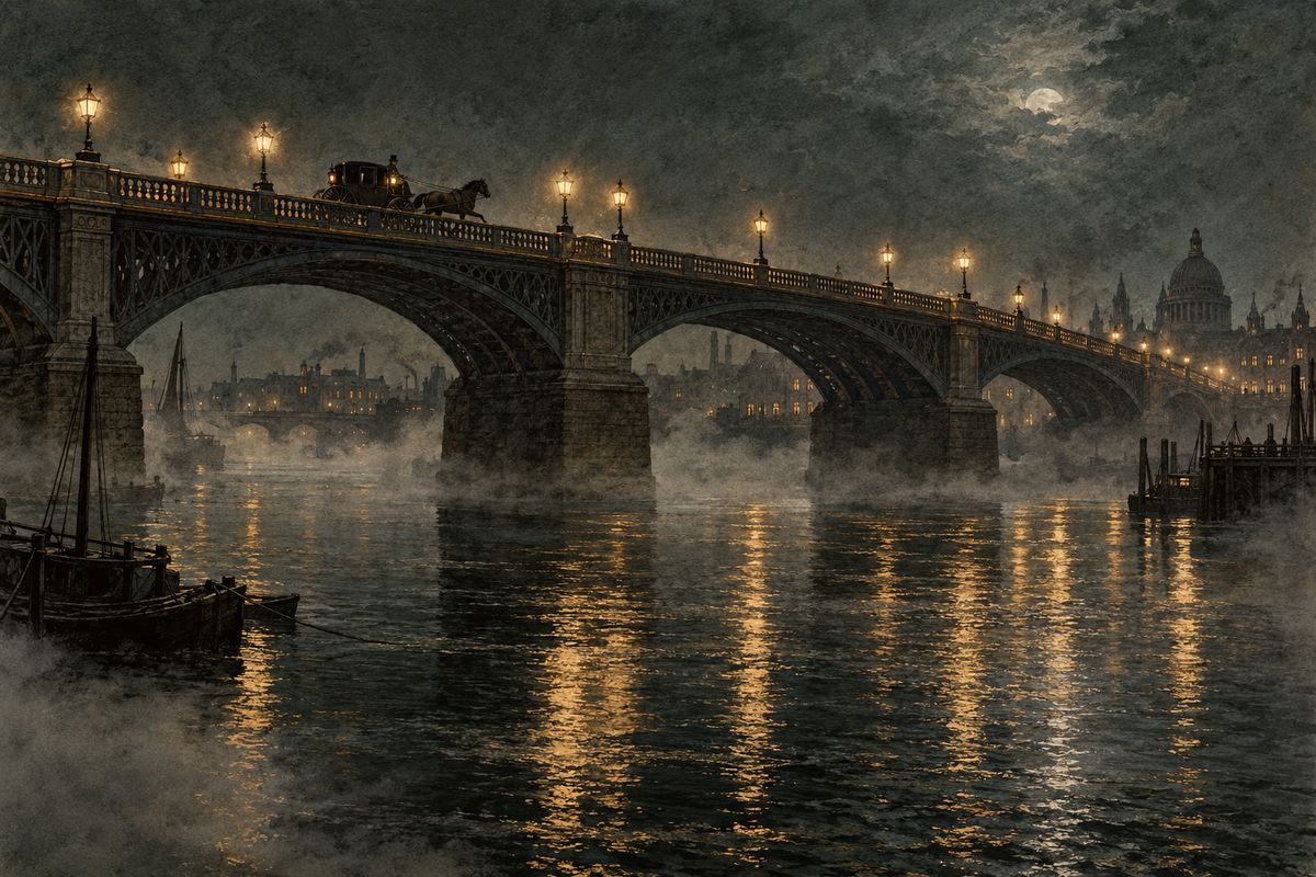 Watson soon lost his bearings, but Holmes named every turning: Rochester Row, Vincent Square, the Vauxhall Bridge Road. "Now we are on the bridge," he said. For a moment they glimpsed the broad, silent Thames under its lamps. Then the cab plunged into a maze of streets on the Surrey side.