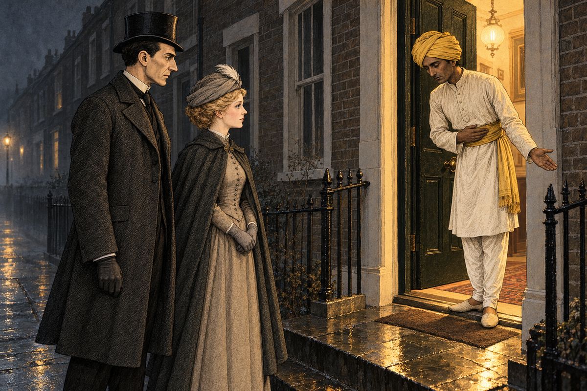 Past gaudy public houses and new rows of raw brick, the cab stopped at the third house in an empty new terrace. A servant in a yellow turban and sash opened the door at once. "The Sahib awaits you," he said, and a high piping voice called from inside: "Show them straight in to me, khitmutgar!"