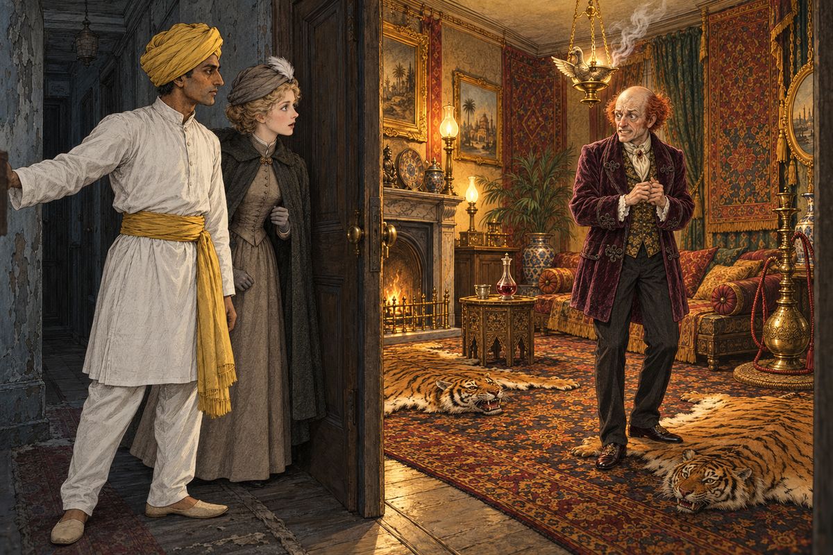The Indian servant led them down a mean, ill-lit passage and threw open a door. Yellow light poured out. Standing in it was a small, twitching man with a shining bald head ringed by red hair, wringing his hands. "Your servant, Miss Morstan," he piped. "Pray step into my little sanctum."