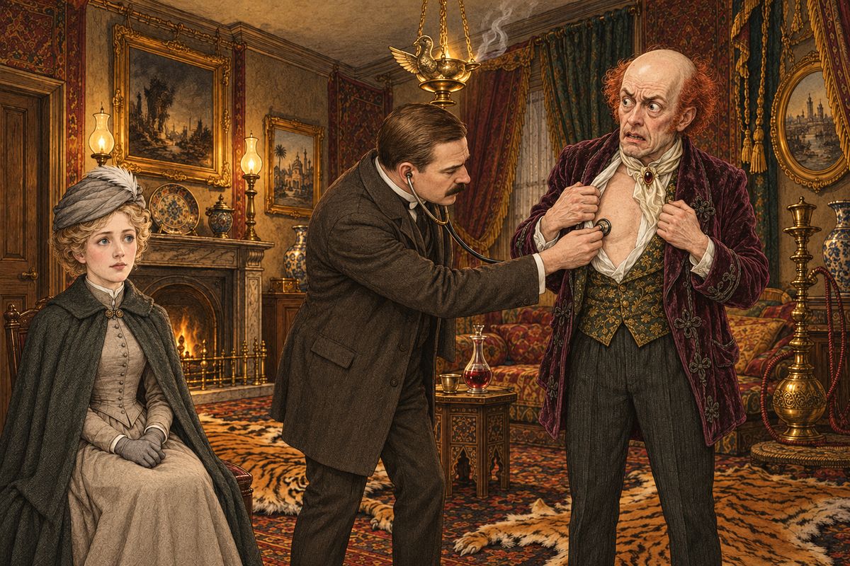 Learning that Watson was a doctor, Thaddeus begged him to listen to his mitral valve. Watson found nothing wrong except plain terror. Then Thaddeus remarked that Captain Morstan might still be alive if he had not strained his heart. Mary turned white to the lips. "I knew in my heart that he was dead," she said.