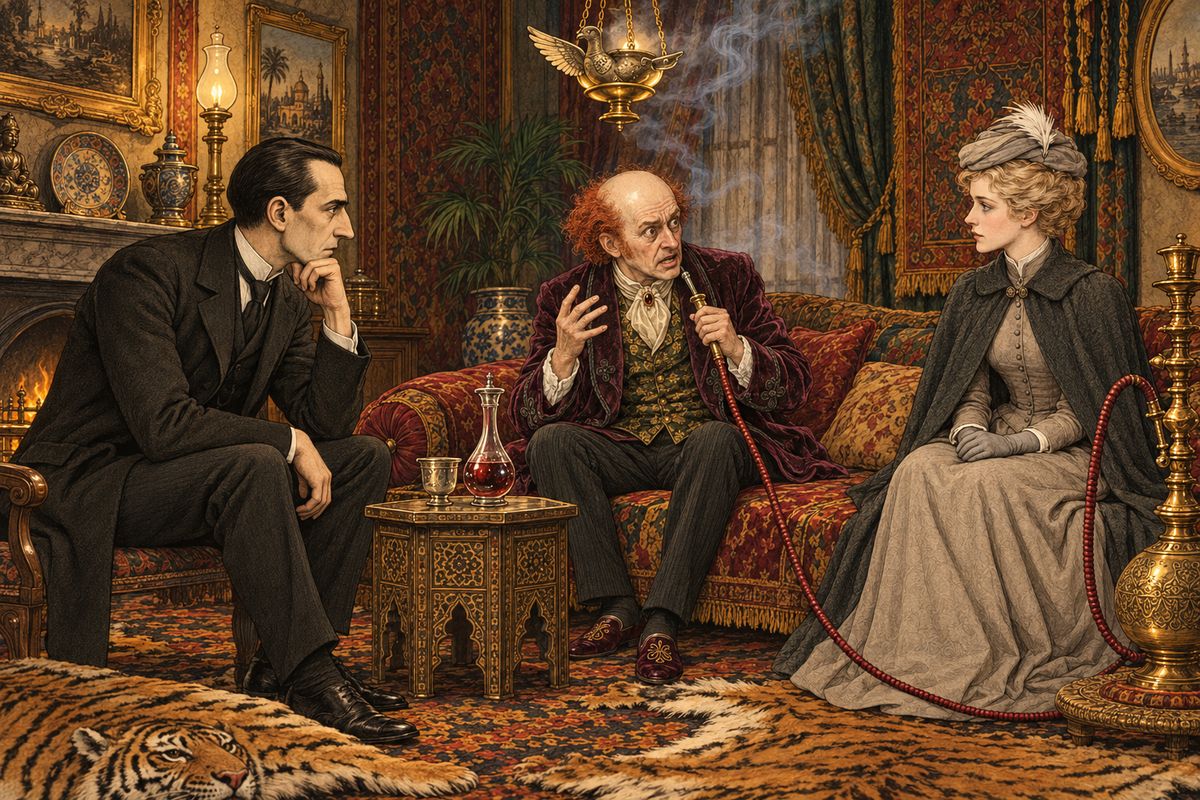 Thaddeus lit his bubbling hookah and chattered about his Corot and his Bouguereau and his delicate health, until Mary politely asked him to come to the point. Begging them to keep the police out of it, he began at last: his father was Major John Sholto, late of the Indian army, who lived in fear at Pondicherry Lodge.