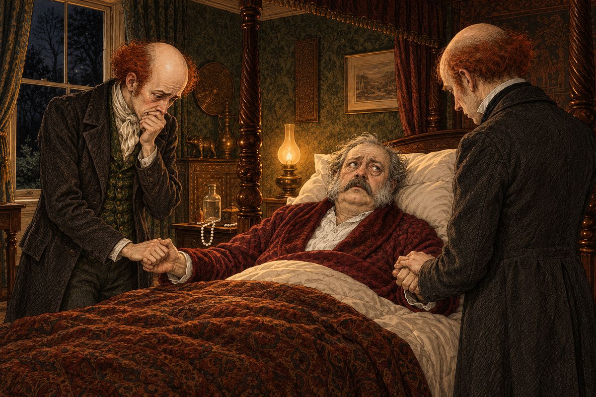 In 1882 a letter from India shocked the Major so badly that he sickened and lay dying. He called his twin sons to his bedside and told them to lock the door. "The cursed greed which has been my besetting sin," he said, had kept poor Morstan's daughter from her share of the Agra treasure.