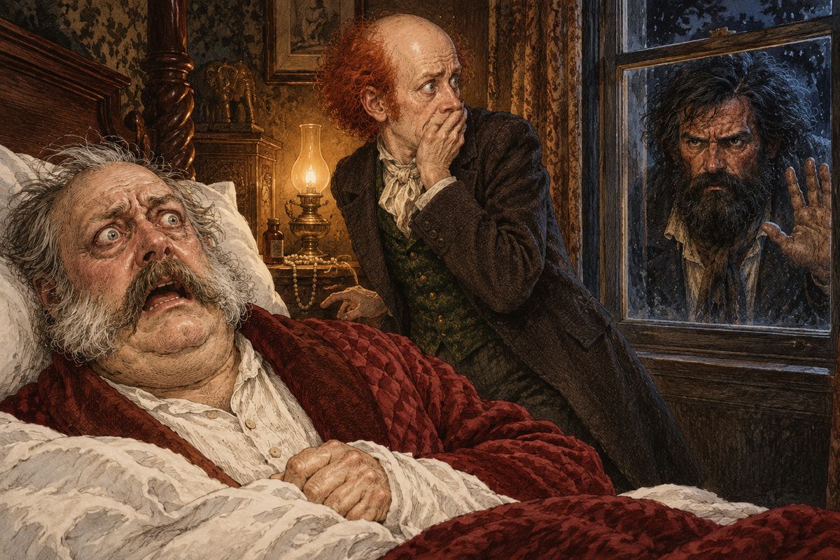 "Put your ears down to my mouth. The treasure is hidden in—" All at once the Major's eyes stared wildly. "Keep him out! For Christ's sake keep him out!" At the dark window behind them a bearded, hairy face was pressed against the glass, glaring with cruel eyes.