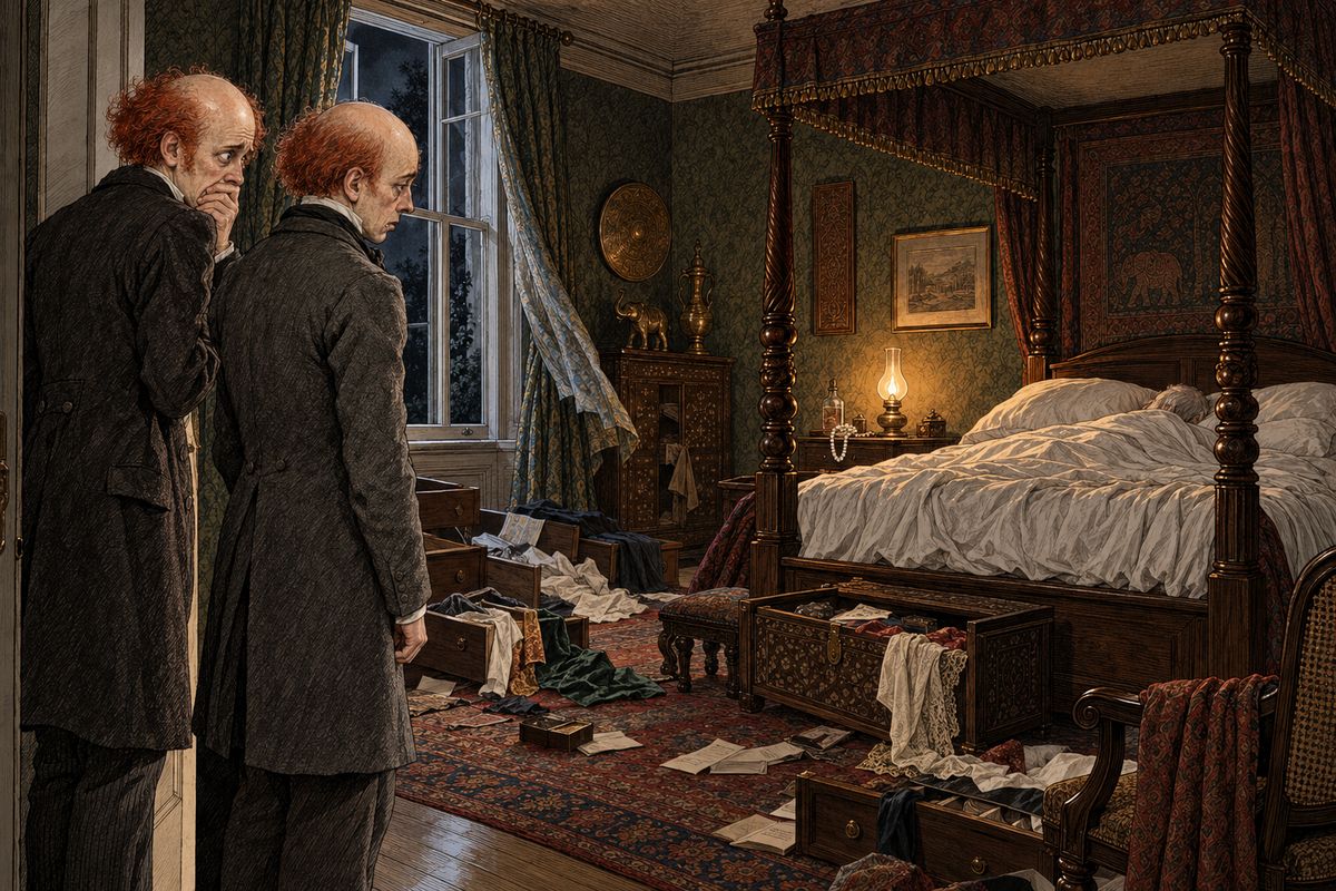 The brothers ran to the window, but the man was gone, and when they turned back their father was dead. In the morning the window stood open, every box had been ransacked, and a torn paper had been fixed to the dead man's chest, with the words 'The sign of the four' scrawled across it.