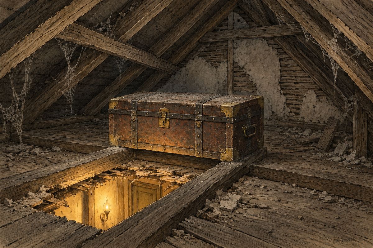 As their cab rattled towards Norwood, Thaddeus, muffled in an astrakhan coat and rabbit-skin cap, told how clever Bartholomew had measured every room and found four feet missing at the top of the house. Breaking through the ceiling, he found a sealed garret, and in it the chest, worth half a million pounds.