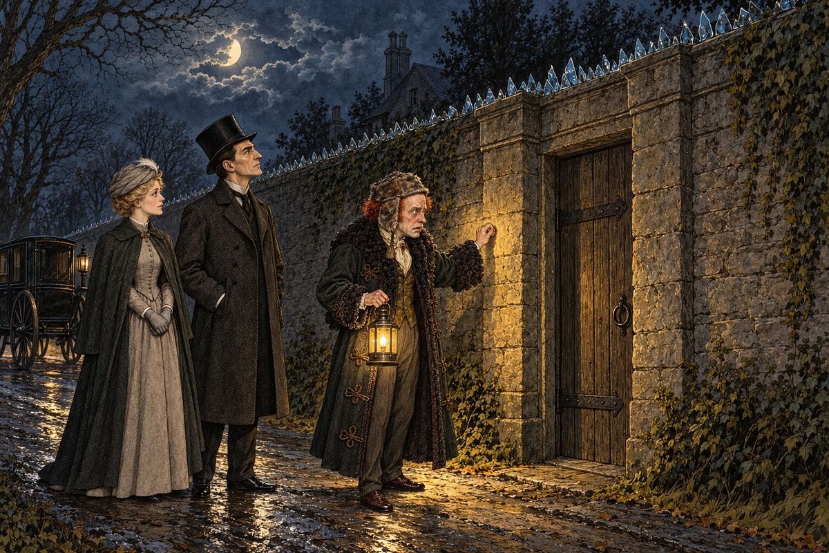 It was nearly eleven o'clock when the cab reached Pondicherry Lodge. The house stood behind a very high stone wall topped with broken glass, and its only entrance was one narrow iron-clamped door. Thaddeus Sholto took down a carriage lamp and knocked on it with his own peculiar rat-tat.