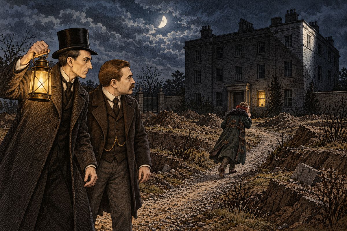 Inside, a gravel path wound through grounds dug full of holes towards a huge, dark, silent house. Bartholomew's window showed no light. Then, from the great black house, came the shrill, broken whimpering of a frightened woman, and Thaddeus hurried ahead, leaving them the lantern.