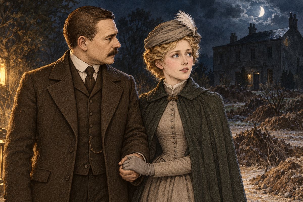 Holmes swung the lantern over the rubbish-heaps: six years of treasure-hunting had dug the grounds into a gravel-pit. Miss Morstan and Watson stood together, and without a word passing between them, her hand was in his. "What a strange place!" she said.