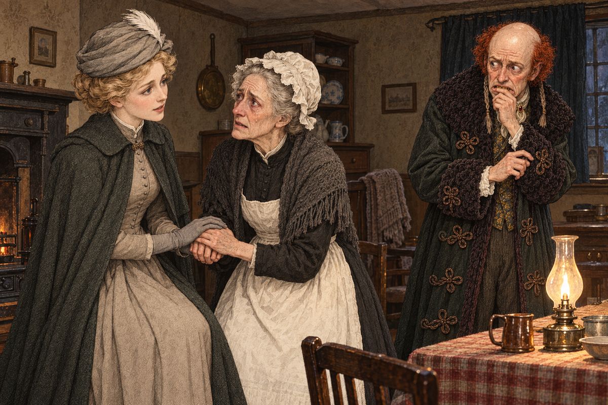 In the housekeeper's room, old Mrs. Bernstone paced with picking fingers until Miss Morstan's calm face soothed her. "Master has locked himself in and will not answer me," she sobbed. She had peeped through the keyhole an hour before and had never seen such a face on him in ten long years.