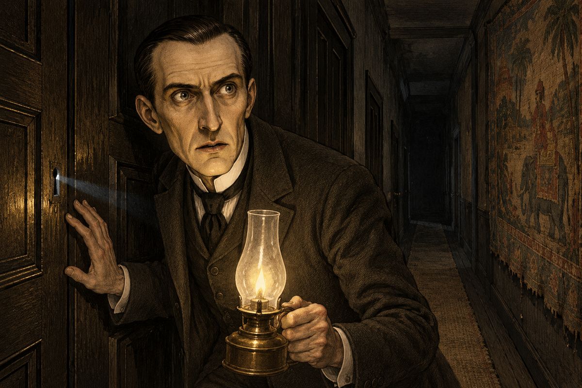 Holmes led the way up three flights, stopping twice to study marks on the stair-matting with his lens. The last door was bolted from inside. He bent to the keyhole and rose with a sharp breath. Through it Watson saw a face hanging in the moonlight, the very image of Thaddeus, fixed in a horrible grin.