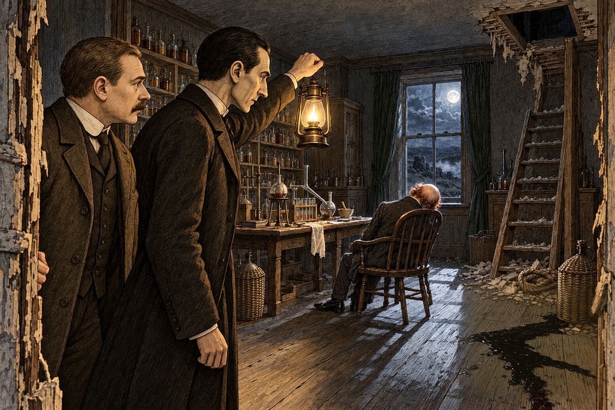 "The door must come down," said Holmes. Together they flung themselves upon it until it gave way with a snap. The room was a chemical laboratory, reeking of tar. In a wooden arm-chair by the table sat Bartholomew Sholto, all in a heap, stiff and cold, dead for many hours.