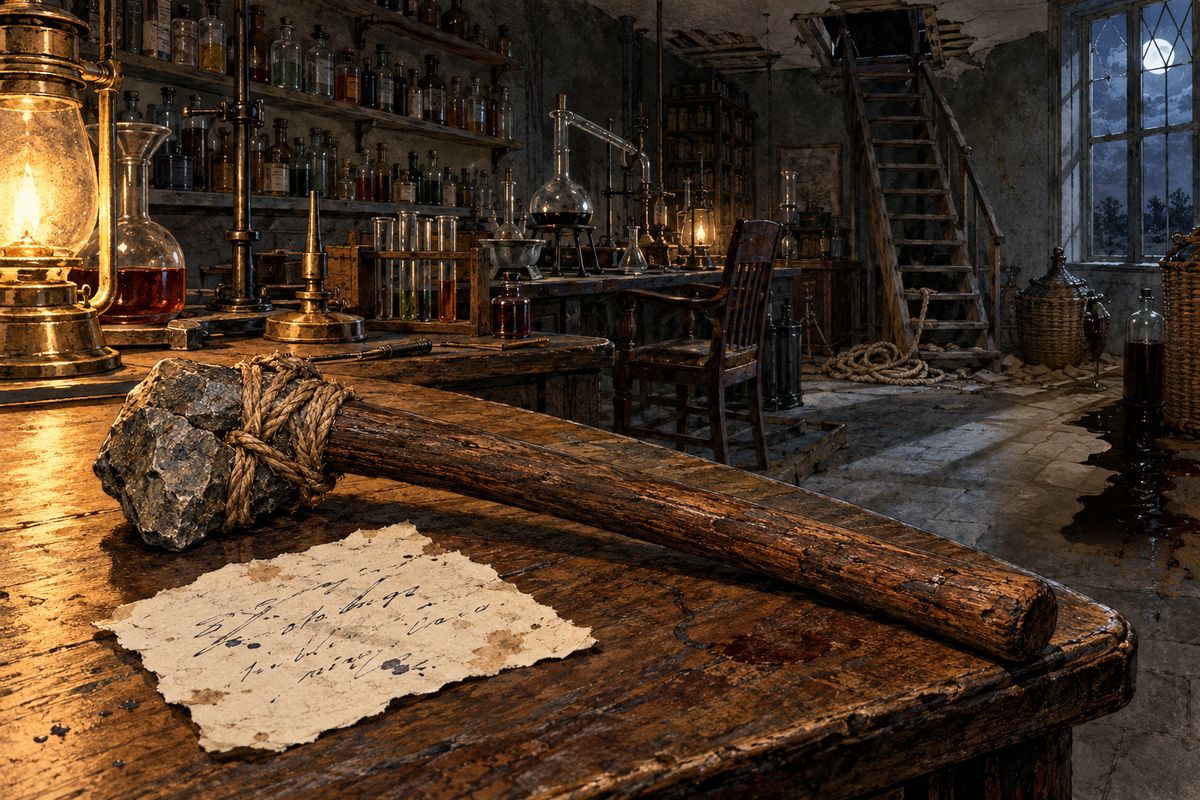 By the dead man's hand lay a strange weapon: a brown stick with a stone head rudely lashed on with twine. Beside it was a torn sheet of note-paper. Holmes handed it to Watson, who read with a thrill of horror: "The sign of the four." "It means murder," said Holmes.