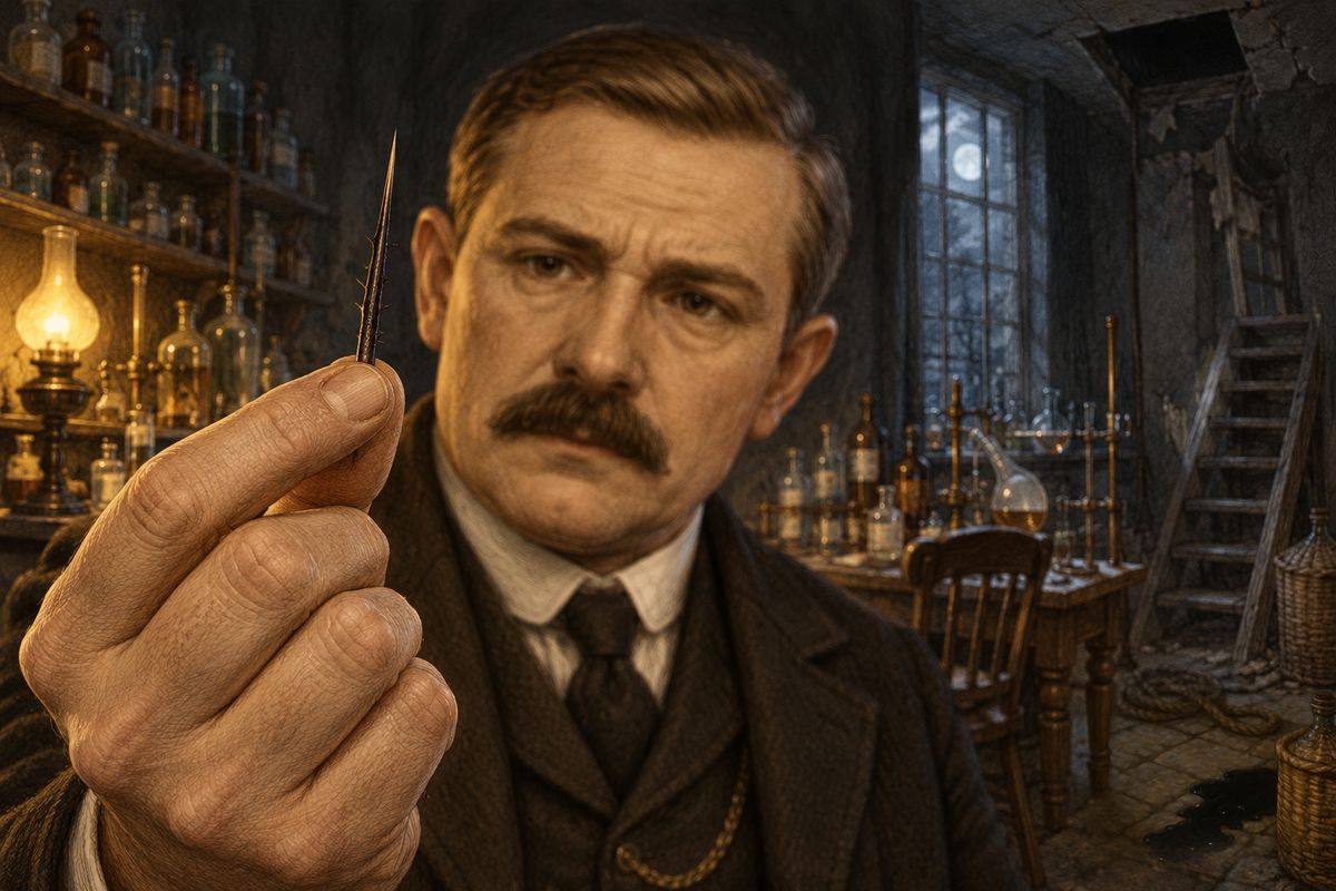 Holmes pointed to a long, dark thorn stuck in the skin just above the dead man's ear. "You may pick it out. But be careful, for it is poisoned." Watson drew it out between finger and thumb; it left barely a mark. To Watson the mystery only grew darker, but Holmes said it cleared every instant.