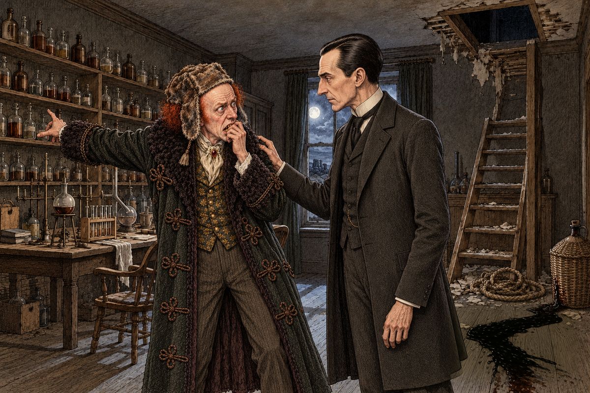 Thaddeus, wringing his hands in the doorway, cried out: "The treasure is gone!" There was the hole they had lowered it through, and the chest's place stood empty. Sure he would be suspected, he stamped in frenzy, until Holmes laid a kind hand on his shoulder and sent him off to fetch the police.