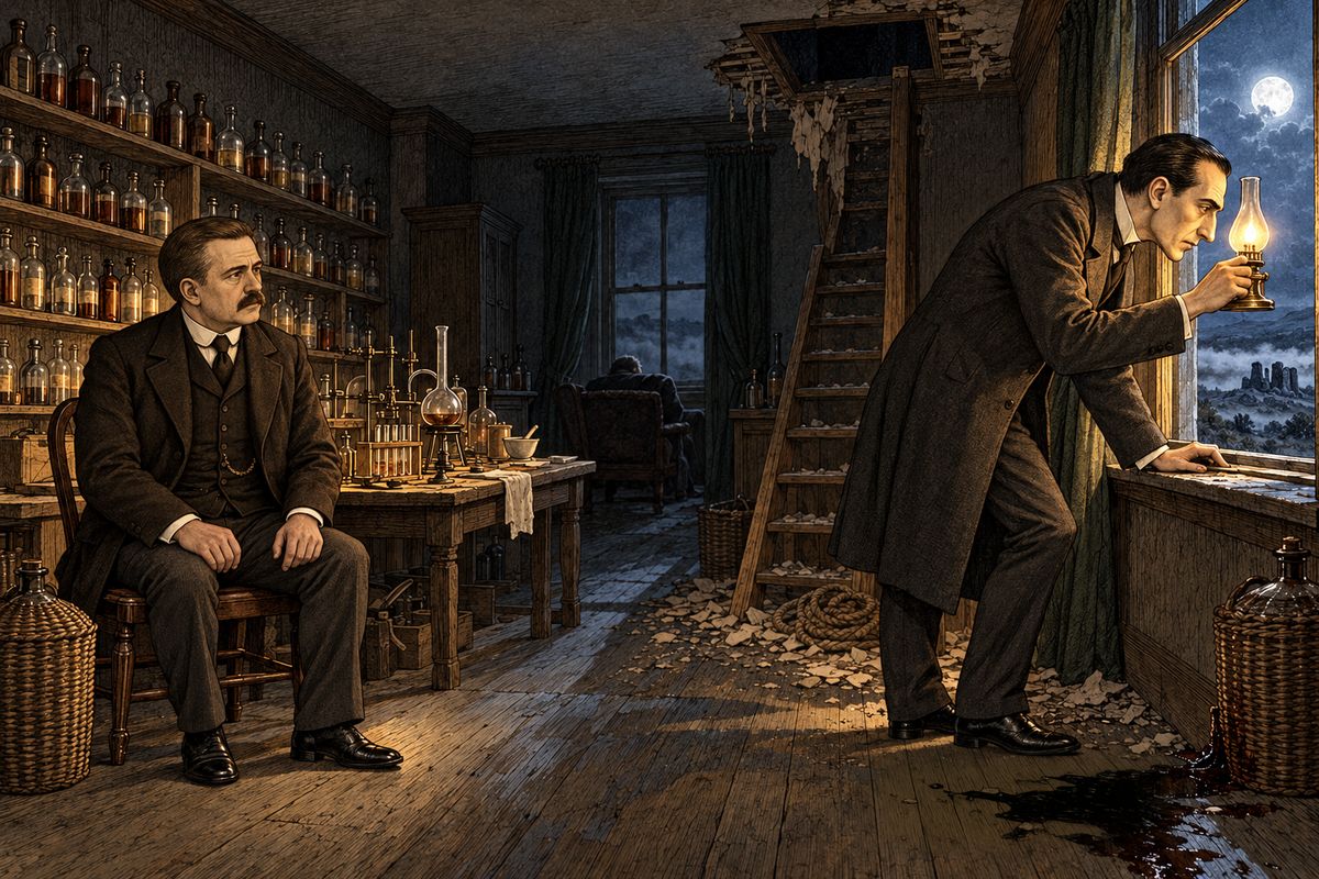 Left alone with the dead man for half an hour, Holmes set to work. He sat Watson in a corner so that his footprints would not confuse matters, then carried the lamp to the window. The door had not been opened since the night before, and the window was fastened on the inside. "Yet a man has mounted by the window."