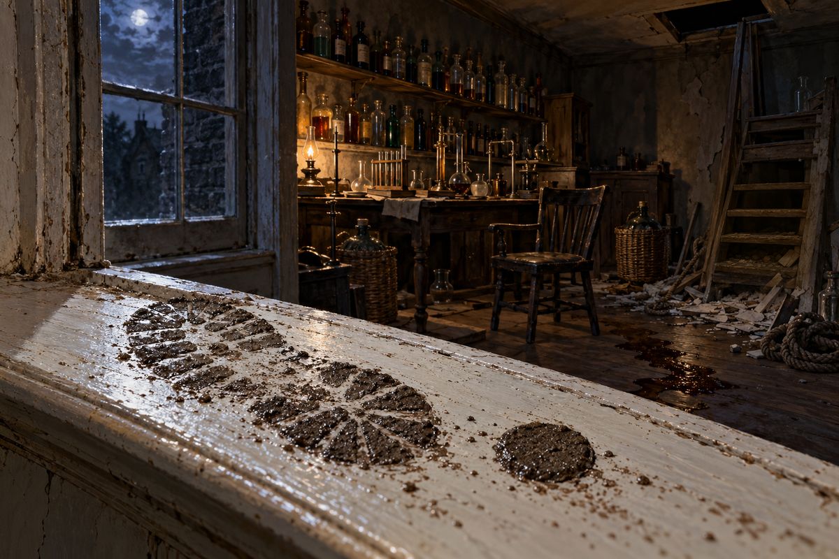 Rain the night before had left clear marks on the sill: the print of a heavy boot with a broad metal heel and, beside it, a round, well-shaped muddy disc, which showed up again on the floor and by the table. "This is not a footmark," said Watson. "It is the impression of a wooden stump," Holmes replied. It was the wooden-legged man.