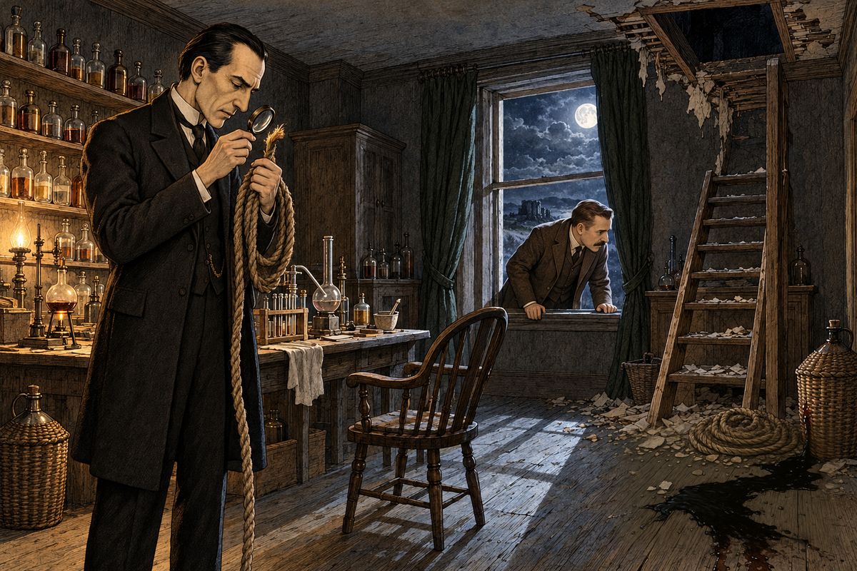 The window was sixty feet up, with no foothold anywhere on the wall. Holmes reasoned that an ally inside had tied the stout rope in the corner to the hook and let it down. Blood-marks near its end showed that the climber had slid down so fast he tore the skin from his hands. But how had the ally got in? The door, window and chimney were all ruled out. "He came through the hole in the roof," Watson cried.