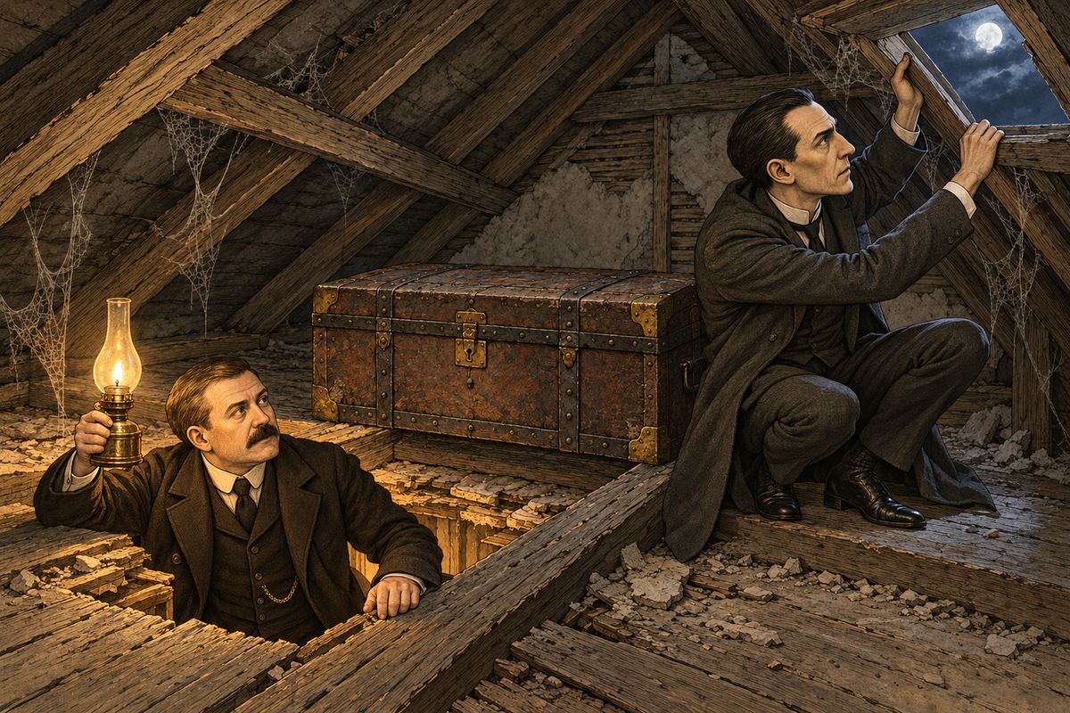 Holmes climbed the steps, swung himself up by the rafters into the secret garret where the treasure had been found, and reached down for the lamp. The floor was nothing but beams and thin plaster, deep in years of dust. He pressed his hand against the sloping wall and a trap-door opened onto the roof. This was how the ally had come in.