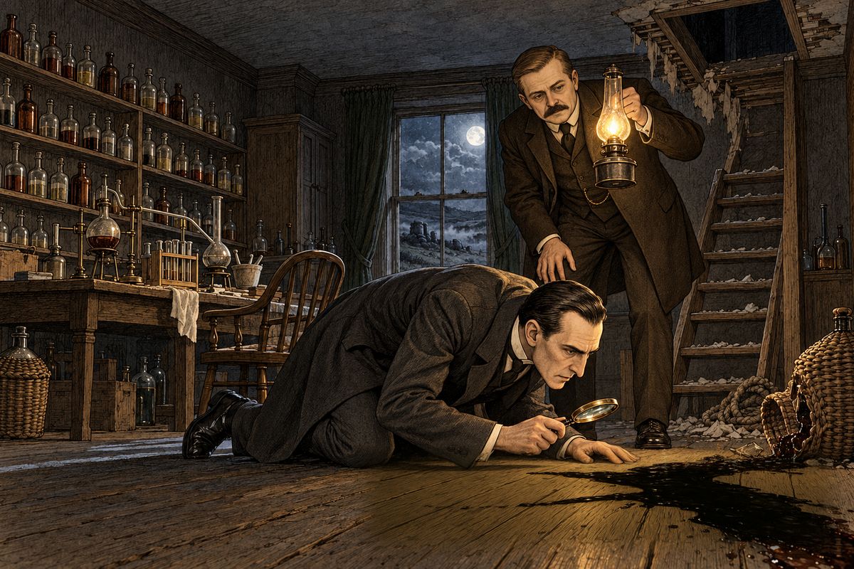 Back in the room below, Holmes crawled over the floor with his lens and tape measure like a bloodhound on a scent, until he crowed with delight. A carboy of creosote had cracked, and the small foot had stepped in the sharp-smelling pool. "I know a dog that would follow that scent to the world's end," he said.