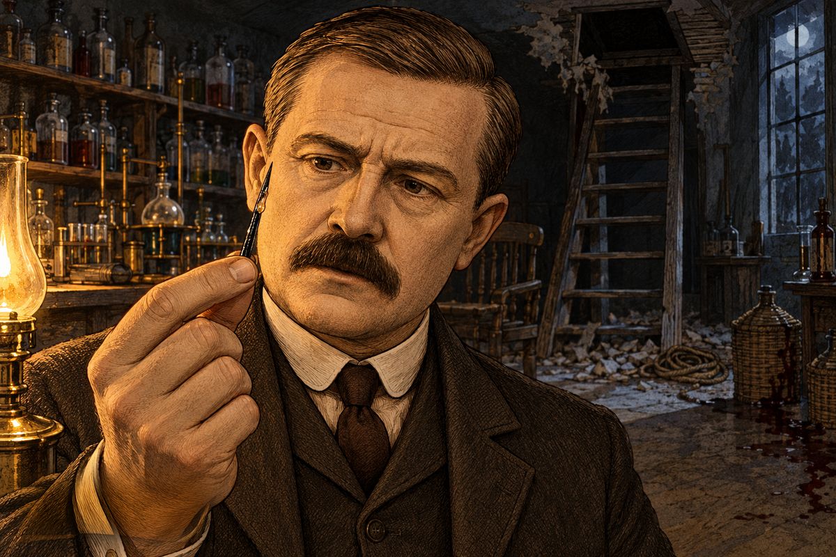 Heavy steps and loud voices came from below as the police arrived. Holmes quickly had Watson feel the dead man's limbs, which were as hard as a board, the sign of some deadly plant poison. Then he handed him the long, sharp, black thorn he had found in the scalp. Its tip looked gummy. "Is that an English thorn?" "No, it certainly is not."