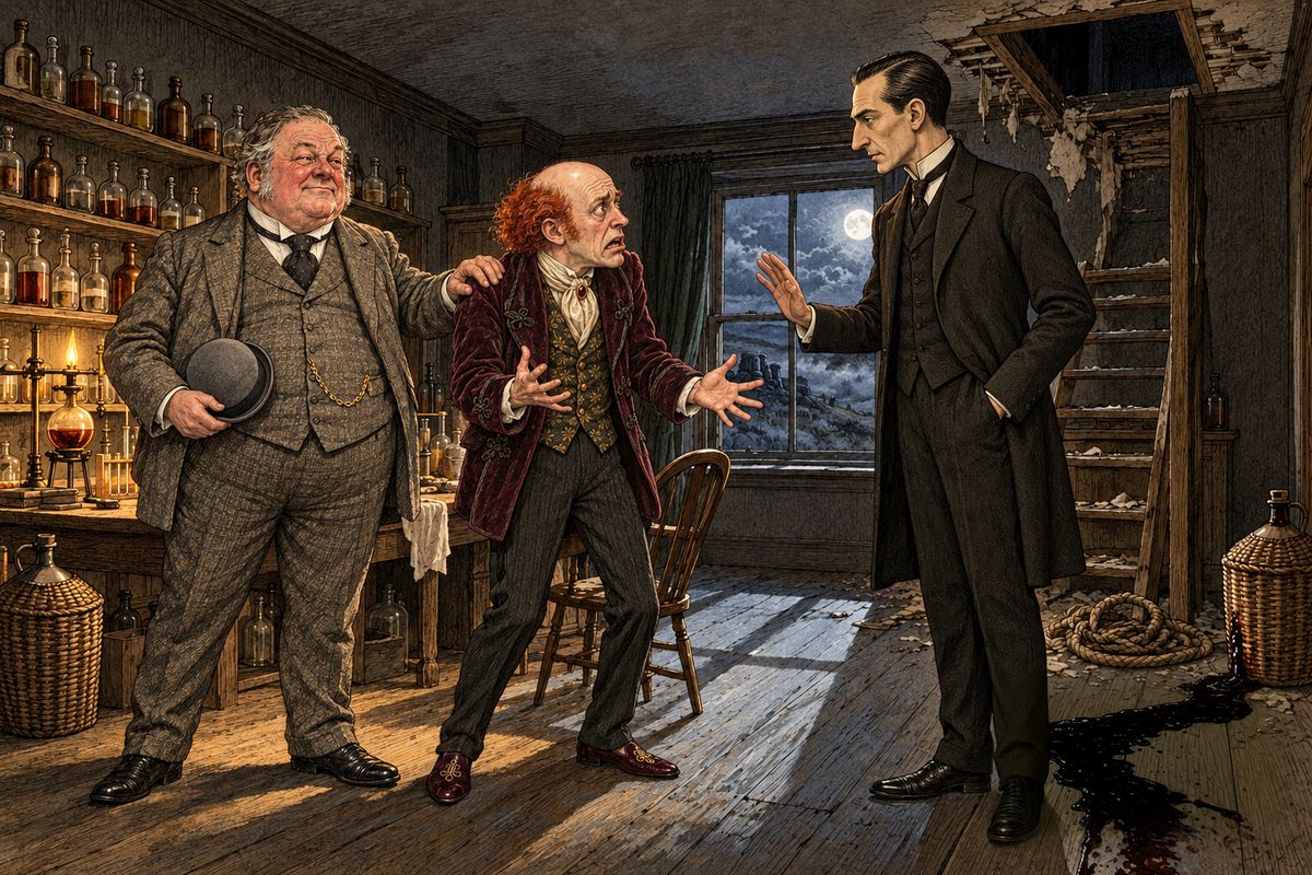 Jones brushed aside the thorn, the card and the stone-headed club. Pleased with himself after finding the open trap-door, which Holmes had opened, he turned to the frightened little man. "I arrest you in the Queen's name as being concerned in the death of your brother." "There, now! Didn't I tell you!" cried Thaddeus. Holmes calmly promised to clear him.