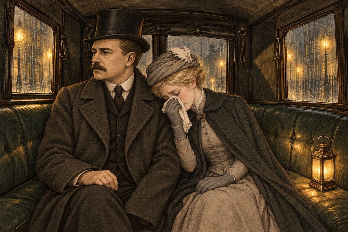 In the police cab Mary Morstan, who had been so calm for the frightened housekeeper's sake, first turned faint and then wept. Watson longed to speak his love, but held his tongue: she was shaken, and if Holmes found the Agra treasure she would be an heiress. He could not bear to look like a mere fortune-hunter.