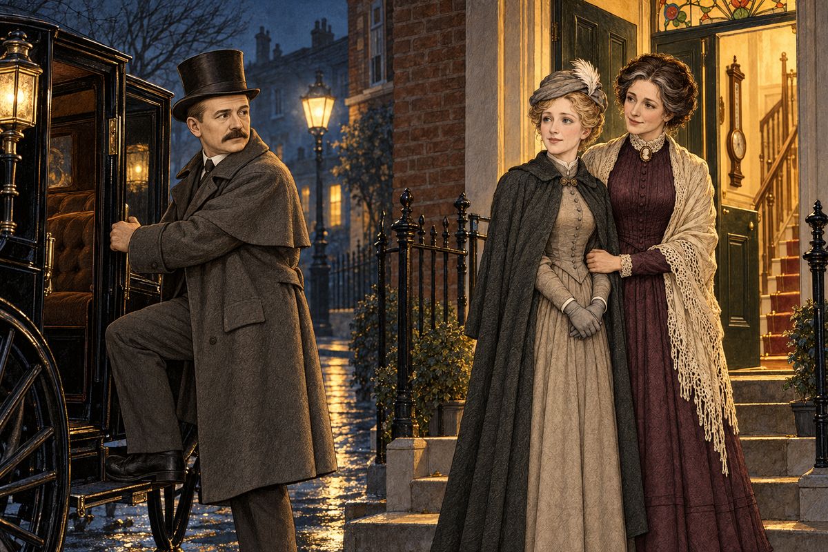 Near two o'clock Mrs. Cecil Forrester, who had sat up waiting, opened the door herself and folded Mary in a motherly embrace. Watson promised to report any news and drove away, glancing back at the two figures in the warm light of a quiet English home.