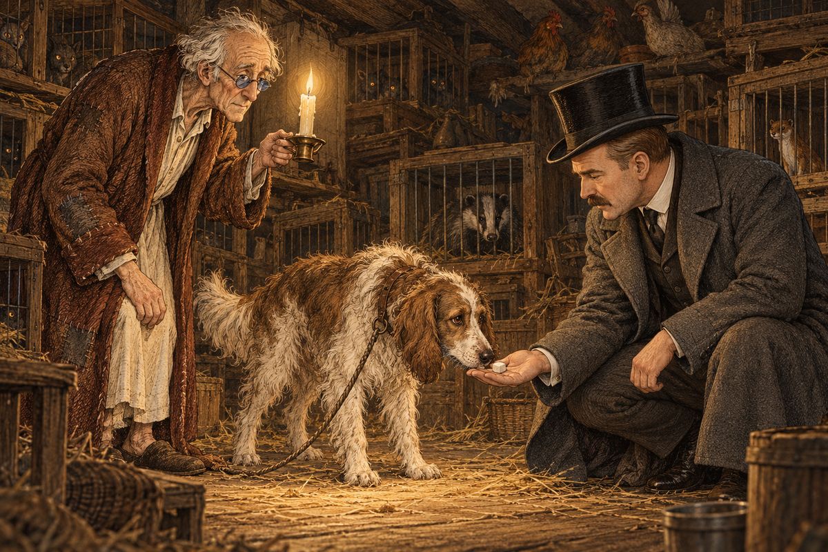 Inside, by candlelight, eyes glimmered from every cage and fowls dozed on the rafters. "A friend of Mr. Sherlock is always welcome," said Sherman, and he led out Toby: an ugly, lop-eared mongrel, half spaniel and half lurcher, who took a lump of sugar from Watson and, alliance sealed, waddled after him to the cab.