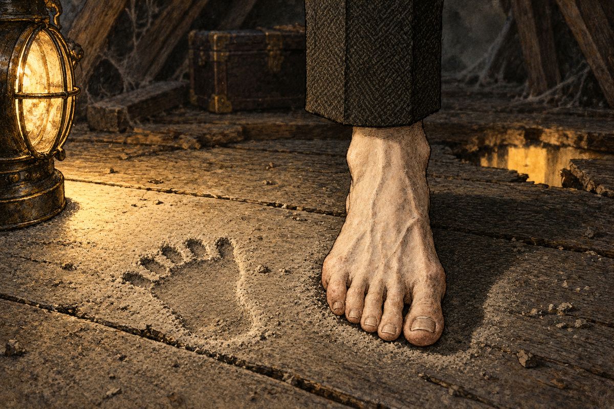 Back at Pondicherry Lodge, Jones had arrested half the household and gone. Up in the garret Holmes, barefoot, pressed his own foot into the dust beside the intruder's print. "Your toes are all cramped together," said Watson. "The other print has each toe distinctly divided." That foot had never worn a shoe.