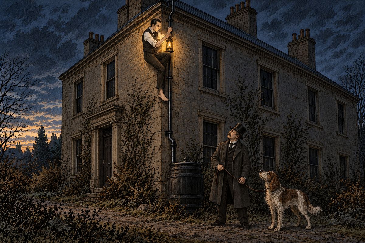 With a lantern hung round his neck, Holmes went out through the trapdoor onto the roof and crawled along the ridge like an enormous glow-worm, following loosened tiles. At the far corner he came down the water-pipe, sprang onto the lidded water-barrel and so to the ground: the very way the killer had escaped.
